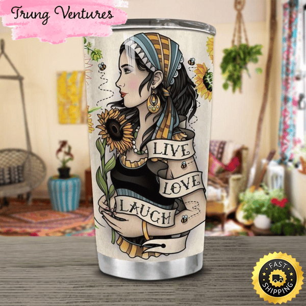 Hippie Sunflower Girl Stainless Steel Cup Tumbler.jpg