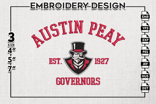 Austin Peay Governors Est Logo Embroidery Designs, NCAA Austin Peay Governors Team Embroidery, NCAA Team Logo, 3 sizes, Machine embroidery Files, Digital Downlo
