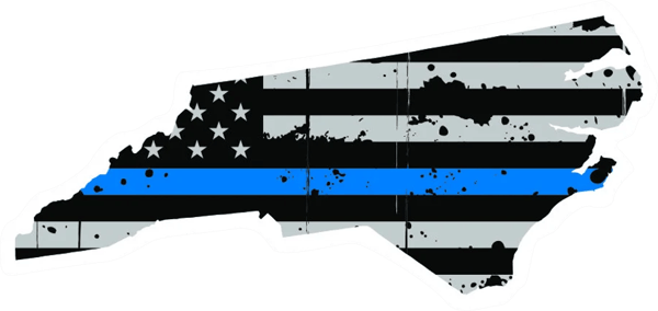 Distressed Thin Blue Line North Carolina State Shaped Subdued US Flag Sticker Self Adhesive Vinyl - C3885.png