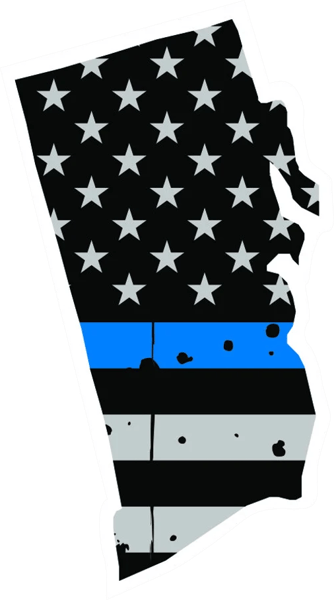 Distressed Thin Blue Line Rhode Island State Shaped Subdued US Flag Sticker Self Adhesive Vinyl RI - C3909.png