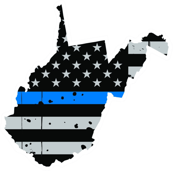 Distressed Thin Blue Line West Virginia State Shaped Subdued US Flag Sticker Self Adhesive Vinyl - C3945.png