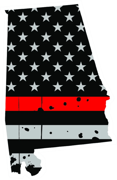 Distressed Thin Red Line Alabama State Shaped Subdued US Flag Sticker Self Adhesive Vinyl fire AL - C3763.png