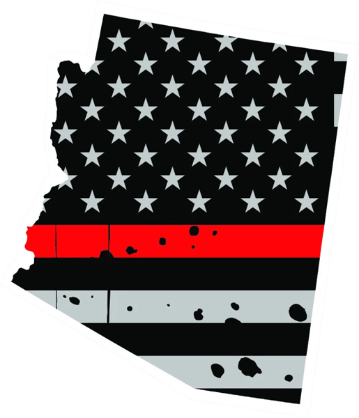 Distressed Thin Red Line Arizona State Shaped Subdued US Flag Sticker Self Adhesive Vinyl fire AZ - C3771.png