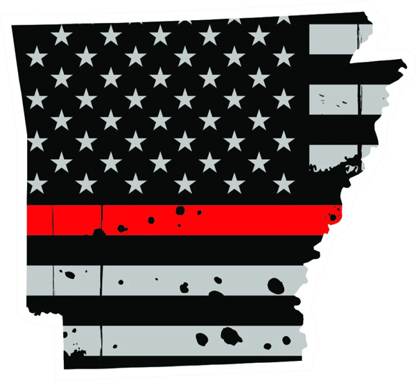 Distressed Thin Red Line Arkansas State Shaped Subdued US Flag Sticker Self Adhesive Vinyl fire AR - C3775.png