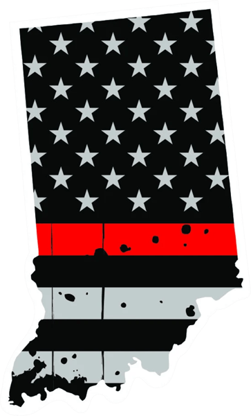 Distressed Thin Red Line Indiana State Shaped Subdued US Flag Sticker Self Adhesive Vinyl fire IN - C3811.png