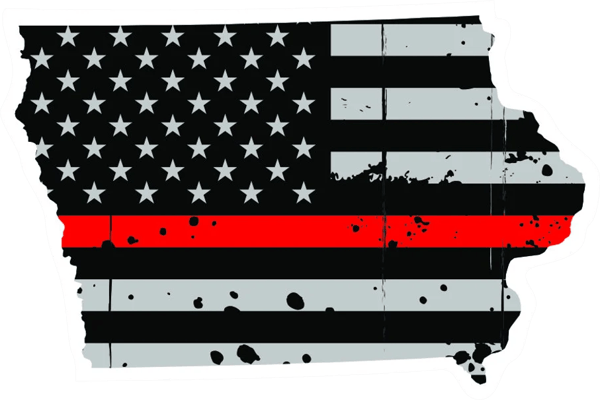 Distressed Thin Red Line Iowa State Shaped Subdued US Flag Sticker Self Adhesive Vinyl fire IA - C3815.png