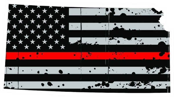 Distressed Thin Red Line Kansas State Shaped Subdued US Flag Sticker Self Adhesive Vinyl fire KS - C3819.png