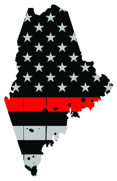 Distressed Thin Red Line Maine State Shaped Subdued US Flag Sticker Self Adhesive Vinyl fire ME - C3831.png