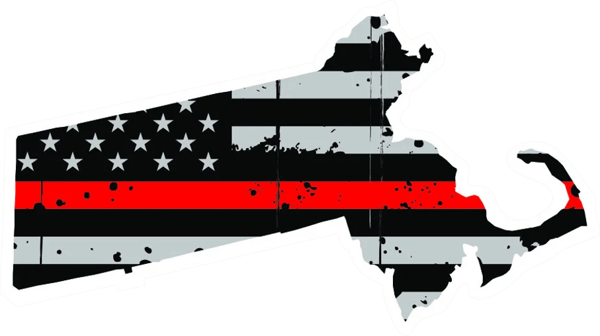 Distressed Thin Red Line Massachusetts State Shaped Subdued US Flag Sticker Self Adhesive Vinyl fire - C3839.png