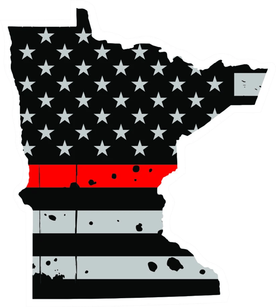 Distressed Thin Red Line Minnesota State Shaped Subdued US Flag Sticker Self Adhesive Vinyl fire MN - C3847.png