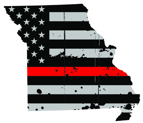 Distressed Thin Red Line Missouri State Shaped Subdued US Flag Sticker Self Adhesive Vinyl fire MO - C3855.png