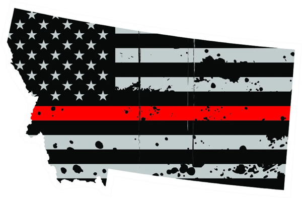 Distressed Thin Red Line Montana State Shaped Subdued US Flag Sticker Self Adhesive Vinyl fire MT - C3859.png