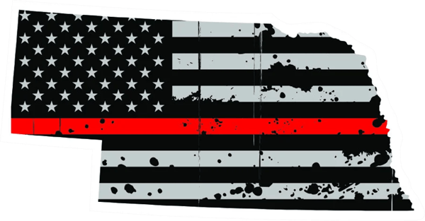 Distressed Thin Red Line Nebraska State Shaped Subdued US Flag Sticker Self Adhesive Vinyl fire NE - C3863.png