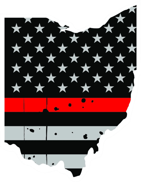 Distressed Thin Red Line Ohio State Shaped Subdued US Flag Sticker Self Adhesive Vinyl fire OH - C3895.png