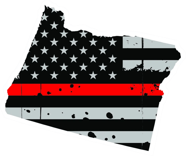 Distressed Thin Red Line Oregon State Shaped Subdued US Flag Sticker Self Adhesive Vinyl fire OR - C3903.png