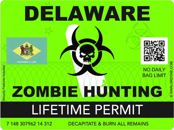 Zombie Delaware State Hunting Permit Sticker Self Adhesive Vinyl DE - C2932.png