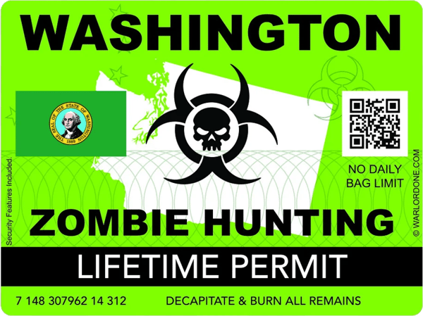 Zombie Washington State Hunting Permit Sticker Self Adhesive Vinyl WA - C3010.png