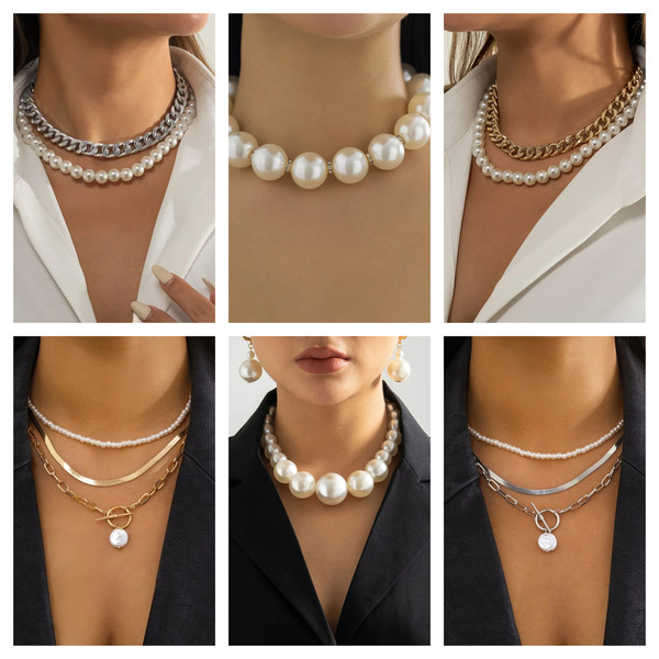 Multi-Layer White Imitation Pearl Bead Chain Punk Ladies Wedding Short Clavicle Necklace _V.jpg