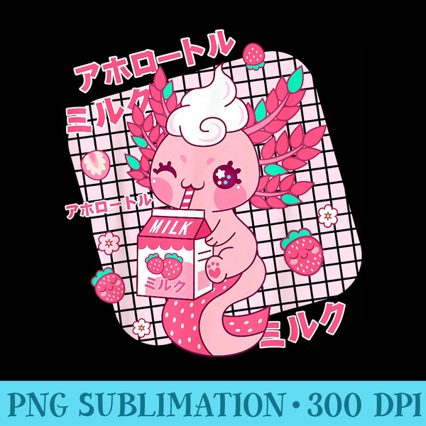 Kawaii Axolotl Strawberry Milk Shake Japanese Retro Anime - Shirt Clipart Free PNG - Bring Your Designs to Life