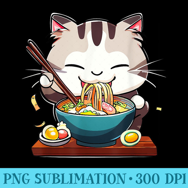 Kawaii Cat Eating Ramen Noodles Japanese Anime Kitten - Shirt Print PNG - Instant Access To Downloadable Files