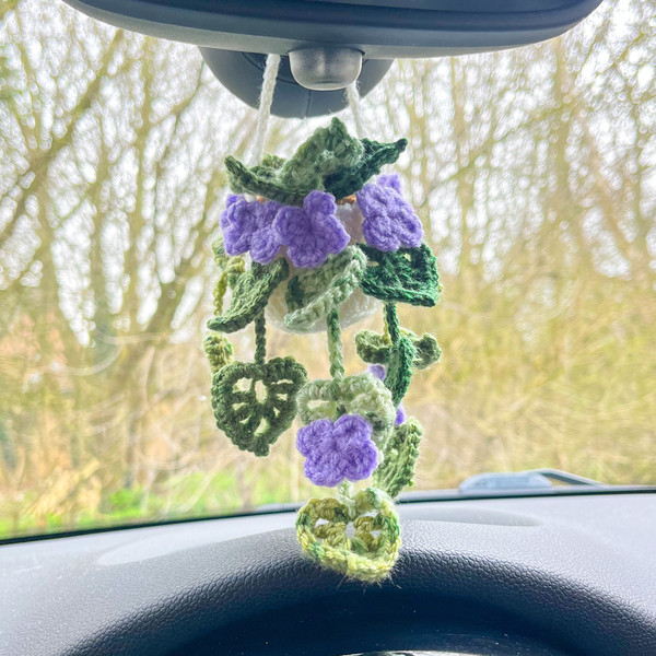 Crochet Monstera Car Plant Hanger with Purple Flowers - Plant Hanging Car Decoration 3.jpg