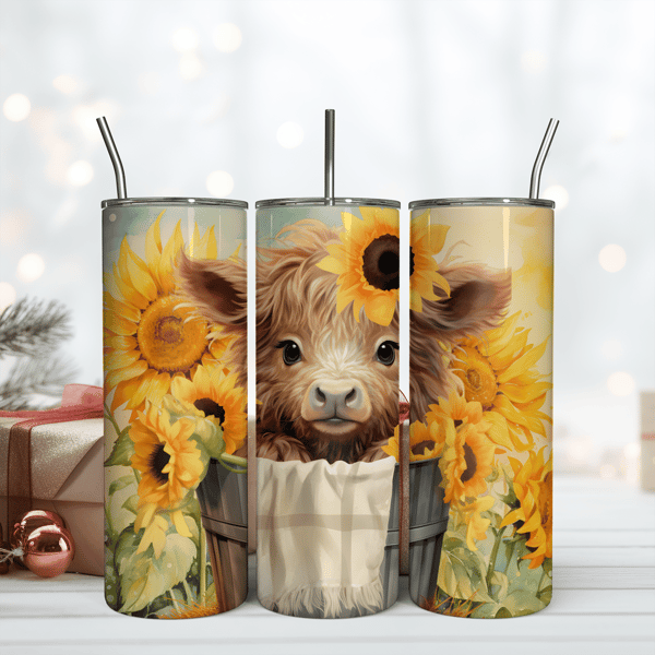 Sunflower and Highland Cow Tumbler Wrap 20oz Skinny Tumbler Wrap Png.png