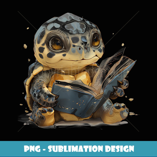 Cute anime baby sea turtle reading library book clipart - Decorative Sublimation PNG File