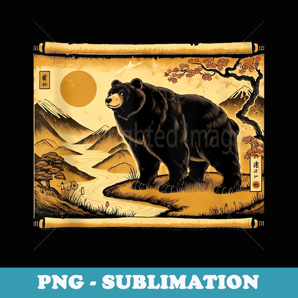 Vintage Papyrus Scroll Mt. Fuji Japanese Art Panda - PNG Sublimation Digital Download