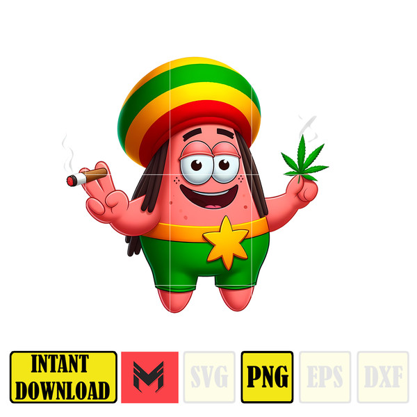 Cartoon Patrick Star Png,High Quality Cartoon Rasta Digital Designs, Weed Png, Smoking Png, Instant Download.jpg