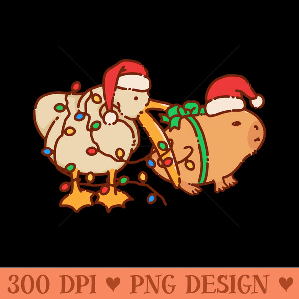 Pelican eats capybara, Merry Christmas, lights and red hat - PNG Illustrations - Unique