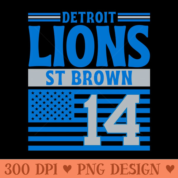 Detroit Lions Brown 14 American Flag Football - Sublimation PNG Designs - High Quality 300 DPI