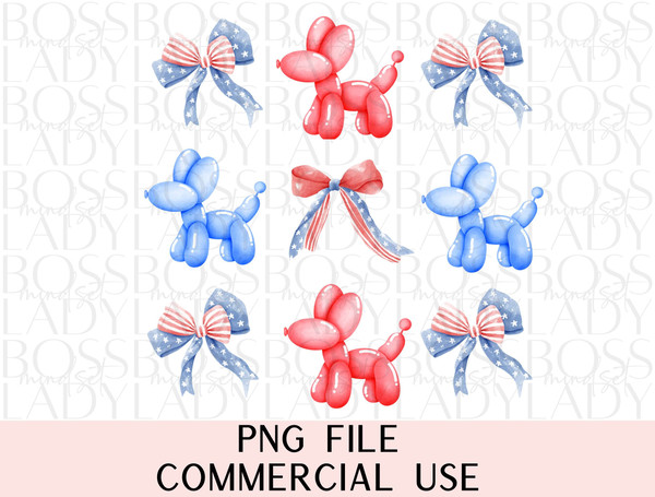 Coquette 4th Of July American Flag Coquette Bows Balloon Dog Preppy Girly Trendy Graphics PNG Sublimation Instant Downloadable Digital File.jpg