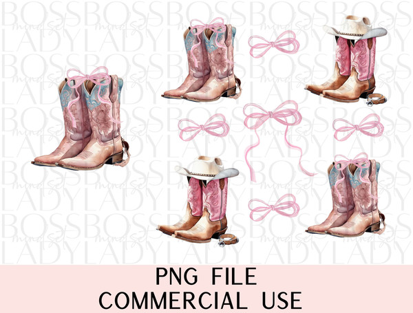 Coquette Cowgirl Pink Cowboy Boots Bows Soft Girl Aesthetic Preppy Girly Social Club Front Back Trendy Graphics PNG Sublimation File.jpg