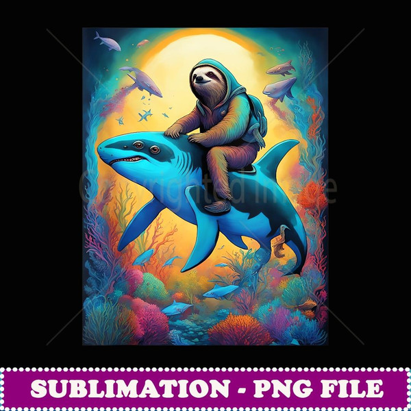 Sloth Riding on a Shark Cute Cartoon Sloths - PNG Sublimation Digital Download