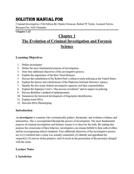 Solution Manual For Criminal Investigation 13th Edition By Charles Swanson, Robert W Taylor, Leonard Territo, Bryanna Fox, Neil Chamelin Chapter 1-22-1-10_page-