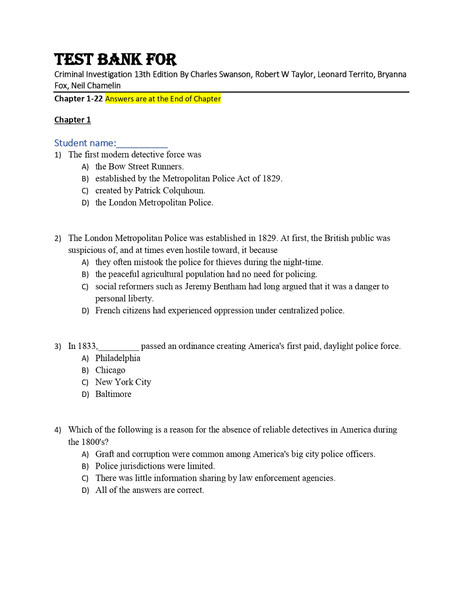 Test Bank For Criminal Investigation 13th Edition By Charles Swanson, Robert W Taylor, Leonard Territo, Bryanna Fox, Neil Chamelin Chapter 1-22-1-10_page-0001.j