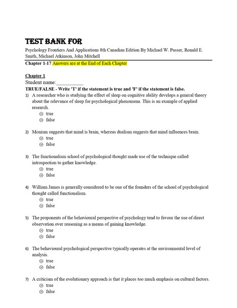 Test Bank For Psychology Frontiers And Applications 8th Canadian Edition By Michael W. Passer, Ronald E. Smith, Michael Atkinson, John Mitchell Chapter 1-17-1-1