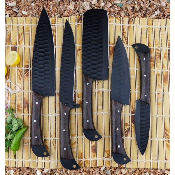 5 PC Custom Handmade Hand Forged Black Coated Carbon Steel Chef Set Kitchen Knives (4).jpeg