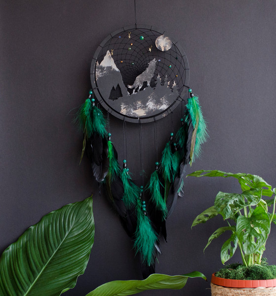 wolf dream catcher with black and green feathers 3.jpg