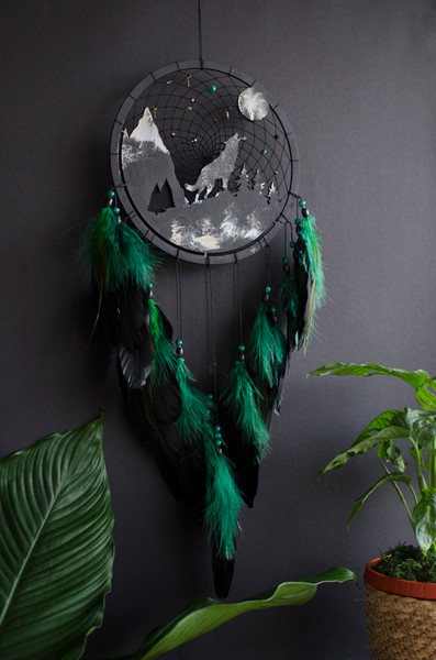 wolf dream catcher with black and green feathers 4.jpg