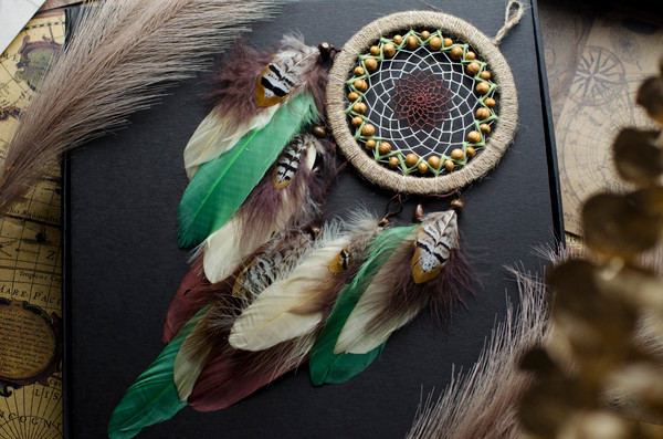 handmade beige with green dream catcher with natural feathers 6.jpg