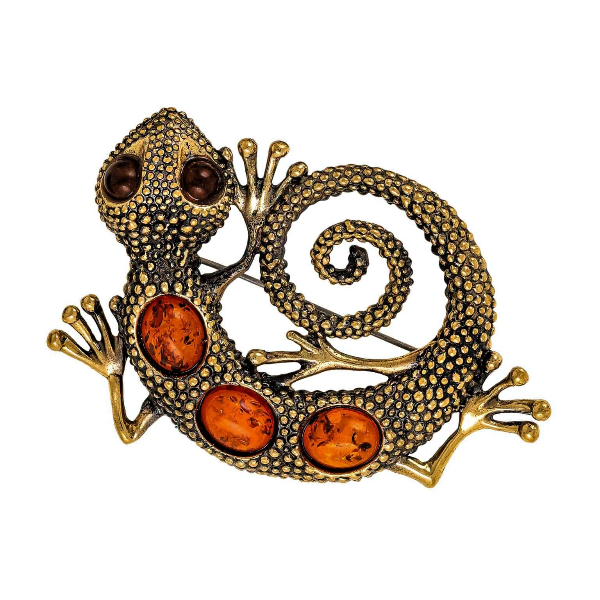 Large Lizard Brooch Animal brooch Gold with black patina Jewelry for women men Brooch with amber.jpg