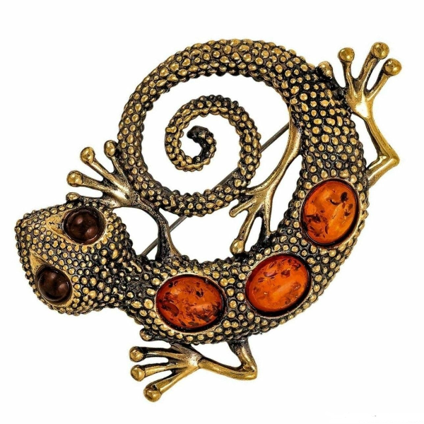 Large Lizard Brooch Animal brooch Gold with black patina Jewelry for women men Brooch with amber 1.jpg