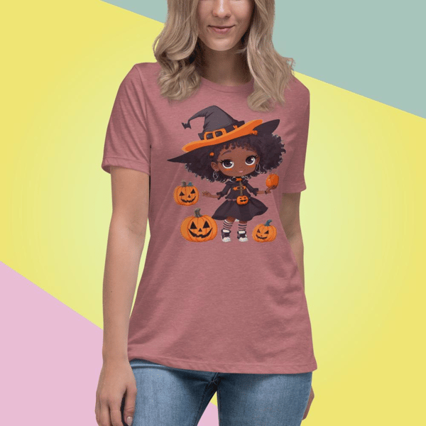 Pumpkin halloween Beautiful girl wearing a witches hat And around it the pumpkin Women's Relaxed T-Shirt