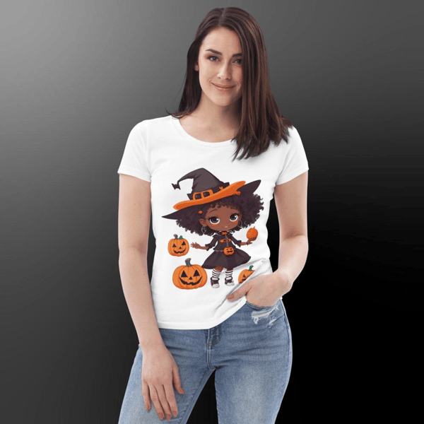 Pumpkin halloween Beautiful girl wearing a witches hat And around it the pumpkin Women's fitted eco tee