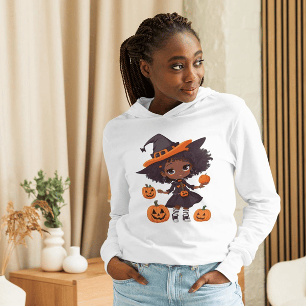 Pumpkin halloween Beautiful girl wearing a witches hat And around it the pumpkin Hooded long-sleeve tee