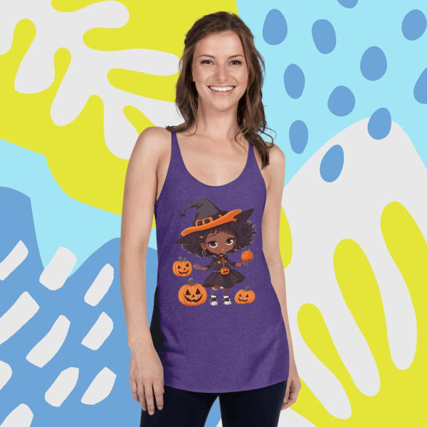 Pumpkin halloween Beautiful girl wearing a witches hat And around it the pumpkin Women's Racerback Tank