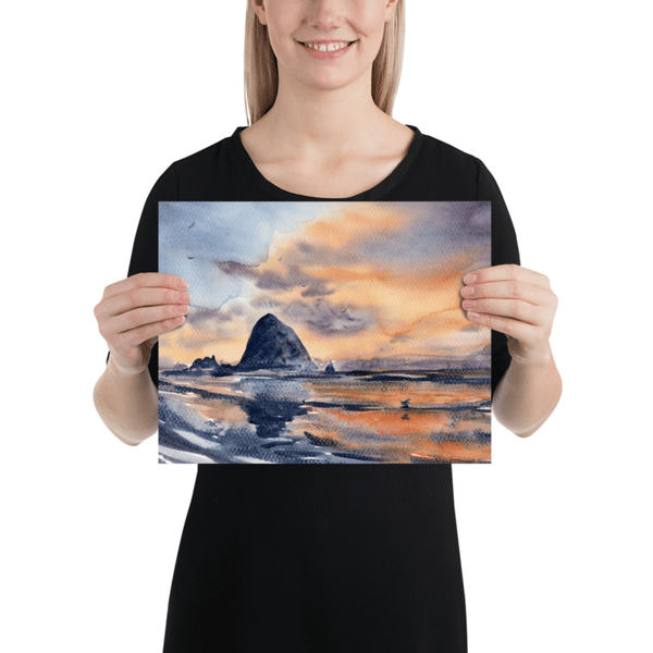 Cannon Beach Painting Large Watercolor Print Oregon Coast Poster Haystack Rock Sunset Seaside