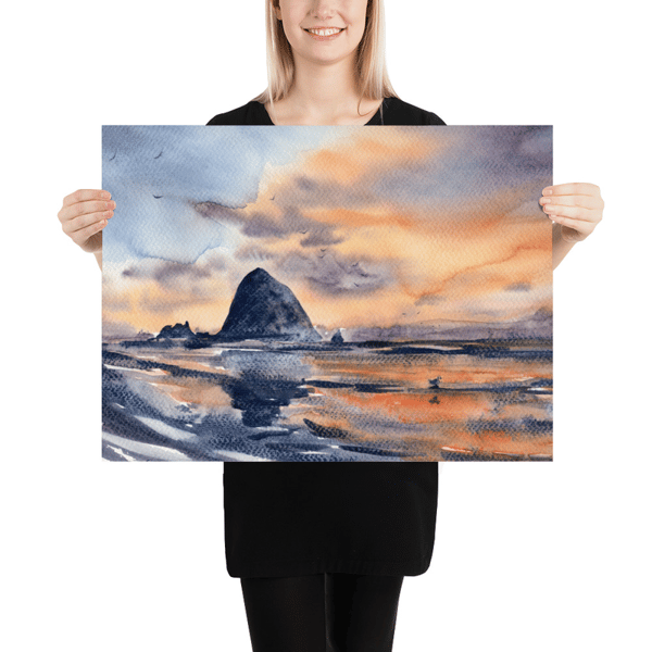 Cannon Beach Painting Large Watercolor Print Oregon Coast Poster Haystack Rock Sunset Seaside