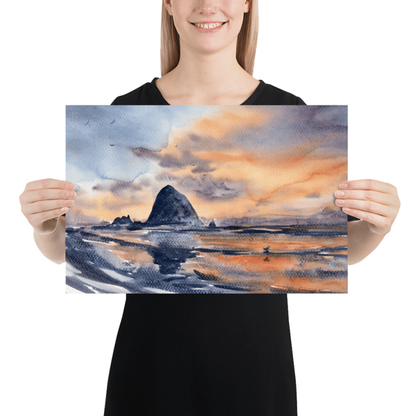 Cannon Beach Painting Large Watercolor Print Oregon Coast Poster Haystack Rock Sunset Seaside